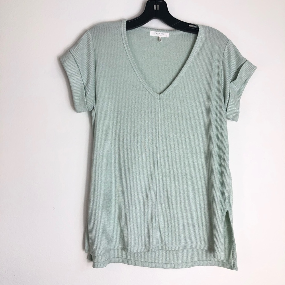 Rag & Bone Mint Green Ribbed Cuffed Short Sleeve Shirt High Low Hem Womens Small